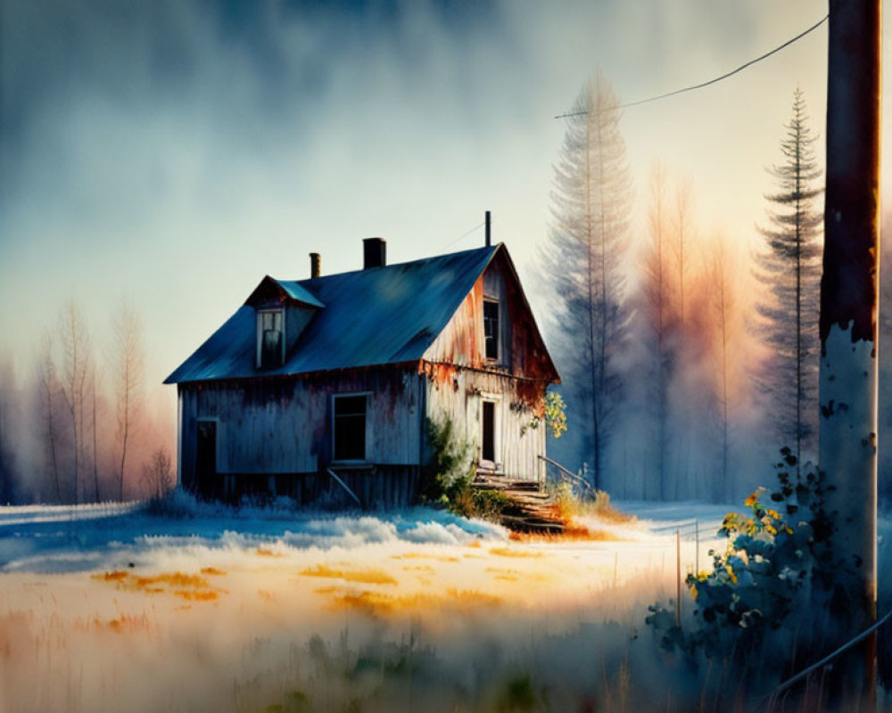 Tranquil painting of isolated house in foggy forest clearing at dawn or dusk