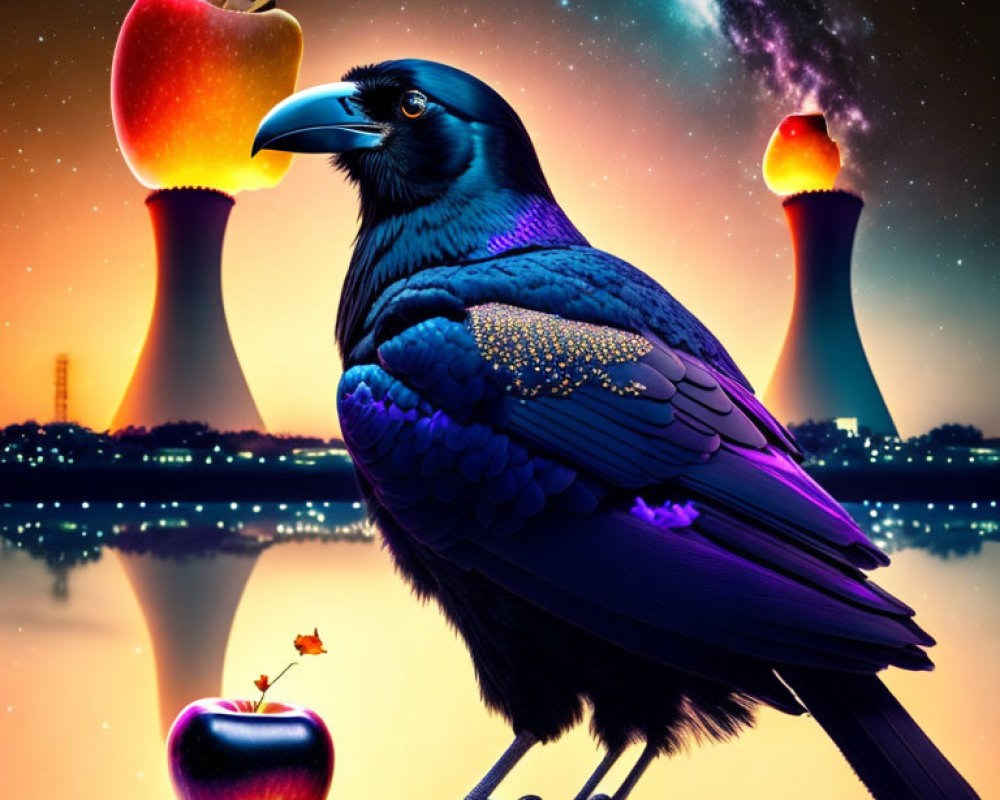 Colorful raven beside apple and rose on industrial background with starry sky