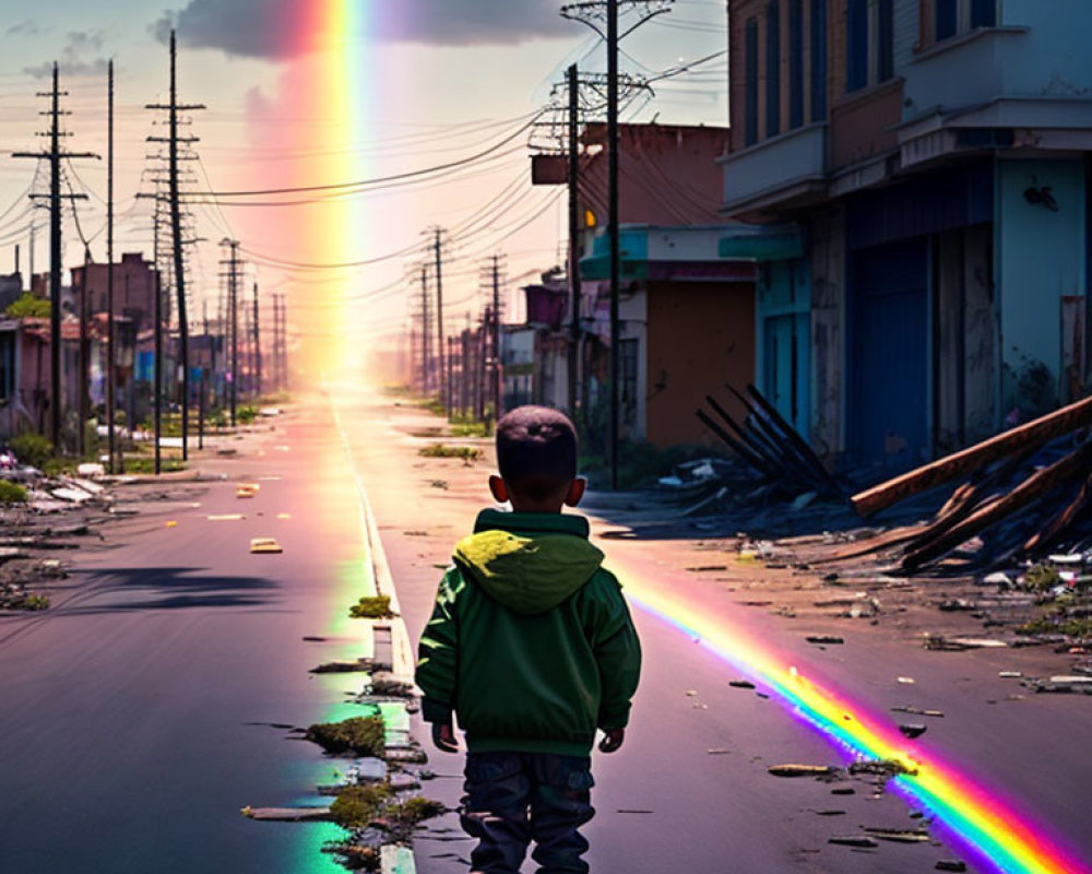 Child in Green Jacket Stands on Desolate Street with Rainbow and Dramatic Sky