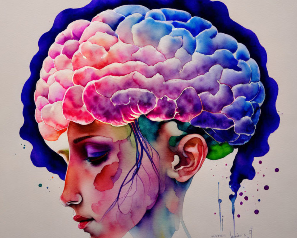 Profile portrait of a woman with brain as colorful, blooming flowers