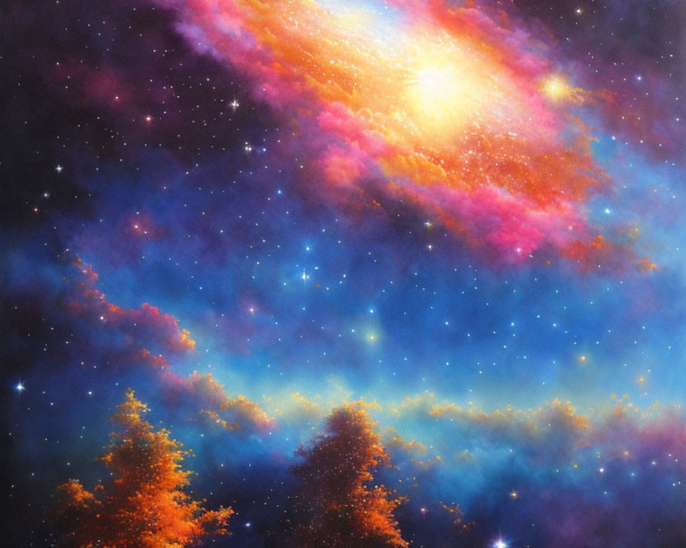 Colorful Cosmic Galaxy and Celestial Dust Over Silhouetted Treetops