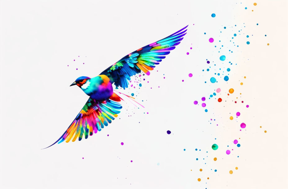 Colorful Bird in Flight with Paint Splatters on Plain Background