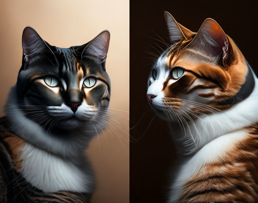 Dual portraits of a unique cat with bold markings and expressive eyes on a brown gradient backdrop