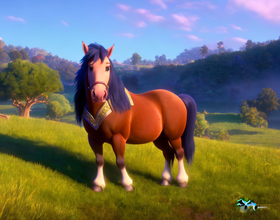 Stylized animated horse with blue mane in serene landscape