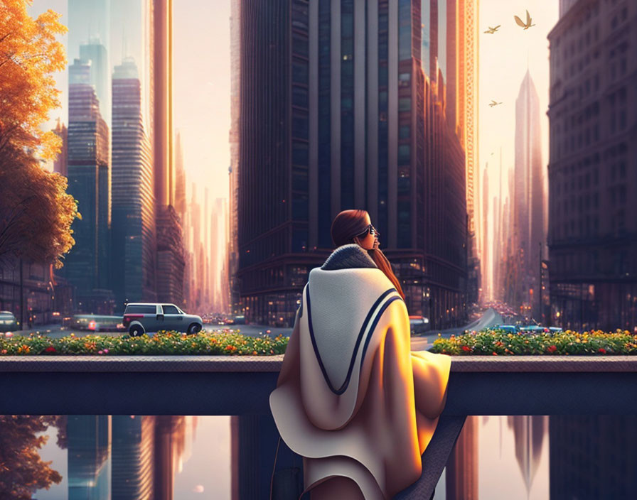 Woman sitting on bridge admiring futuristic cityscape with flying cars and skyscrapers.