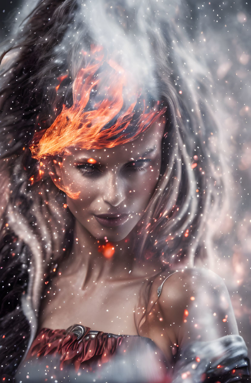 Fiery orange-haired woman surrounded by glowing embers in a mystical setting