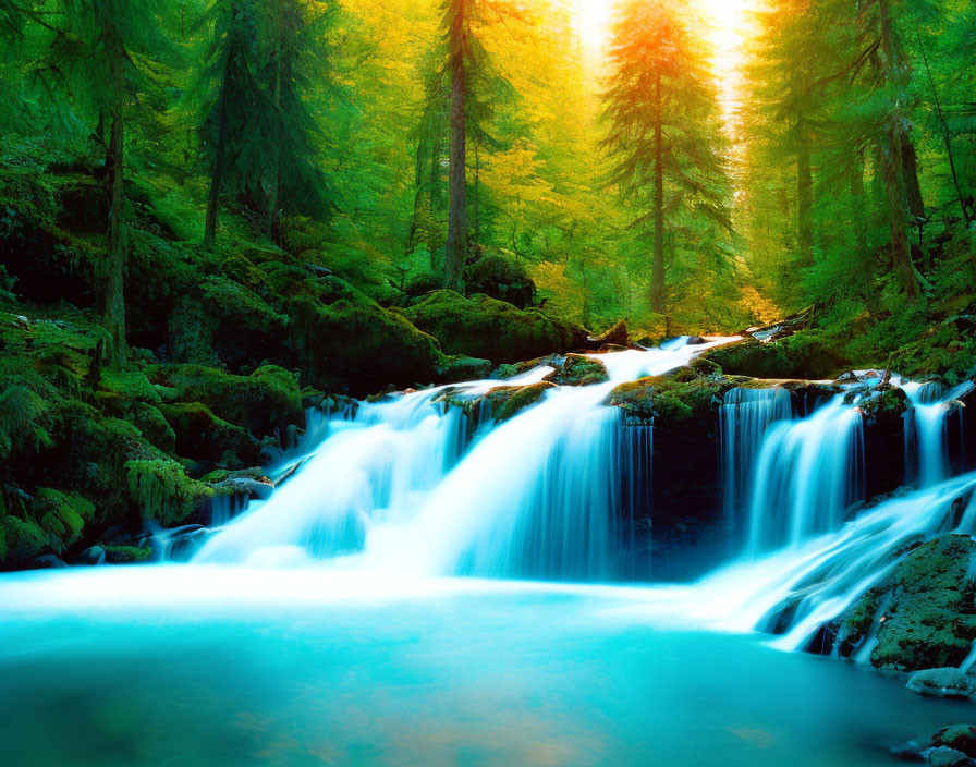 Lush green forest with serene waterfall and blue pool