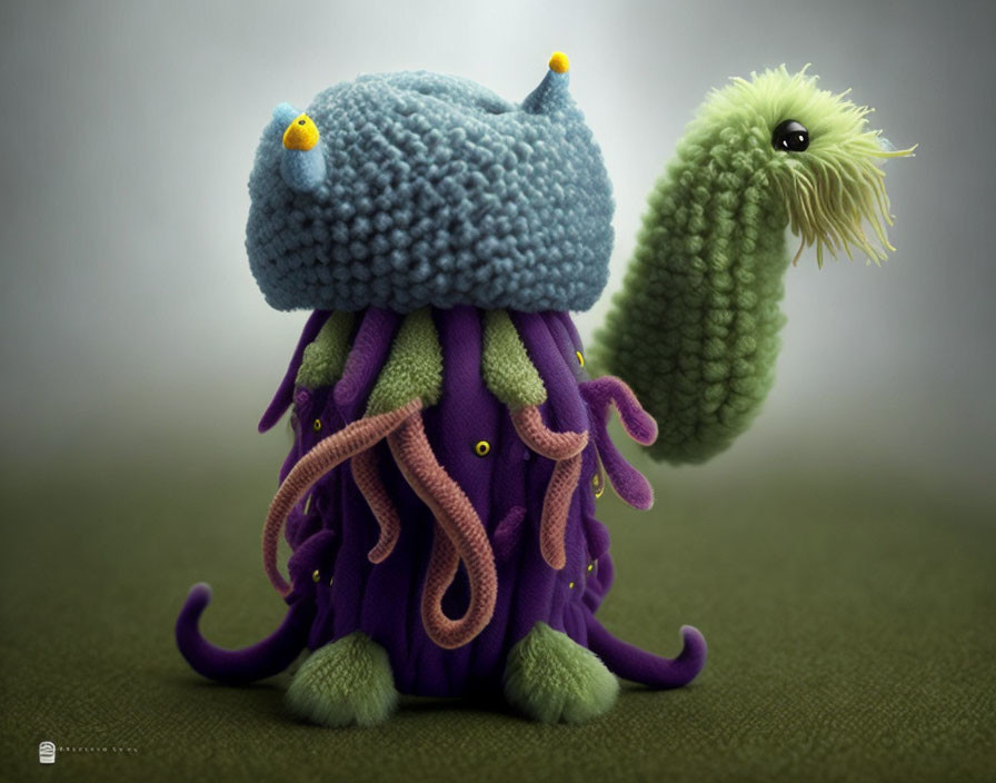 Colorful Crocheted Toy Creature with Blue Shell and Purple Tentacles