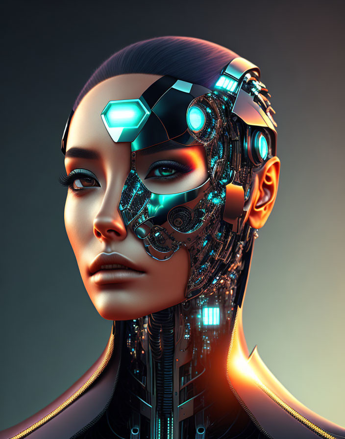 Futuristic female android with exposed cybernetic head on gradient background