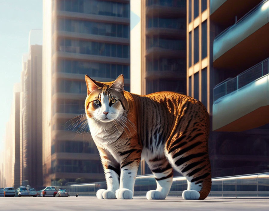 Giant photorealistic cat overlooking city street with skyscrapers.