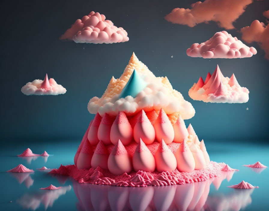 Surreal landscape with pink and white pyramid-like structure and floating clouds.