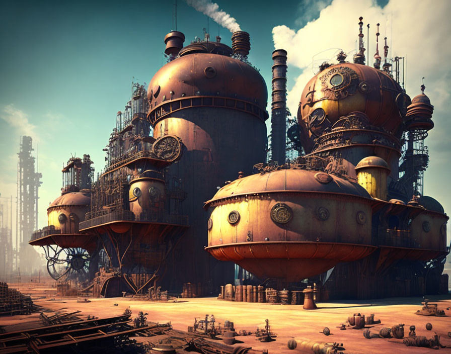 Steampunk-style industrial complex with spherical structures and intricate machinery.