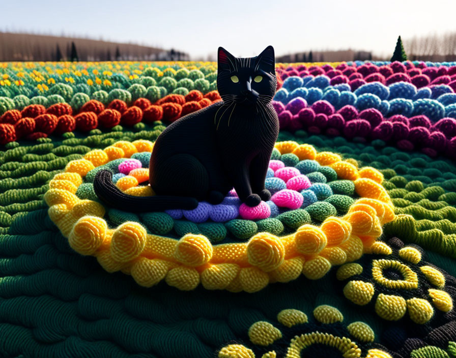 Black Cat Resting on Colorful Crochet Blanket in Flower Field