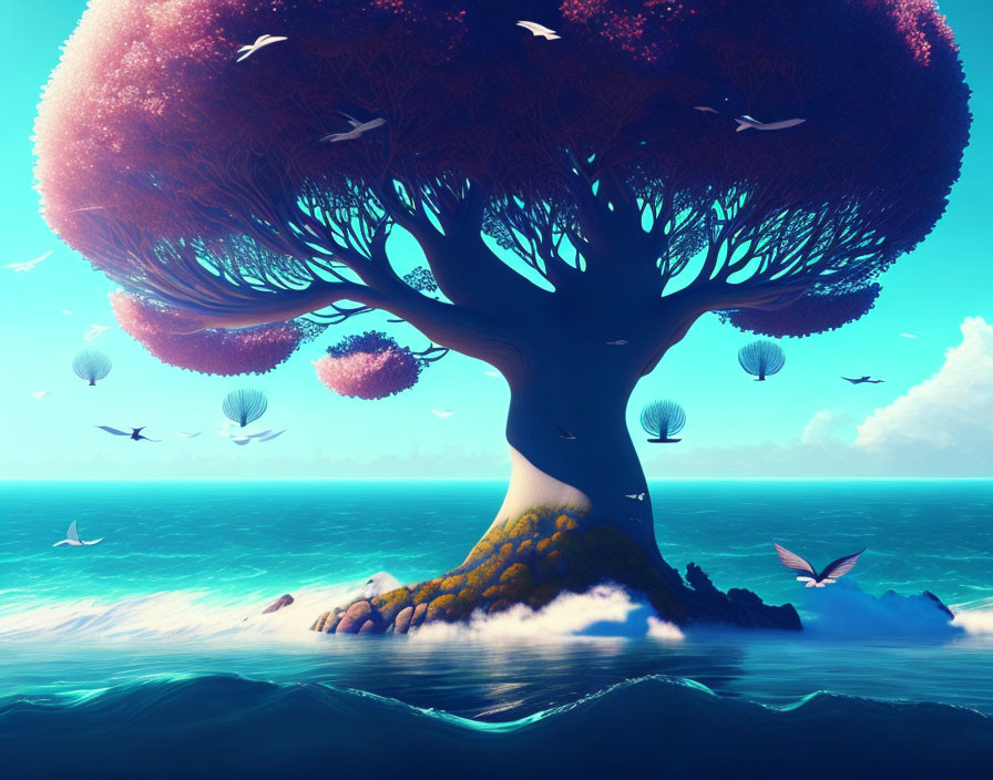 Majestic fantasy tree with dense canopy by tranquil sea, surrounded by jellyfish-like creatures and birds