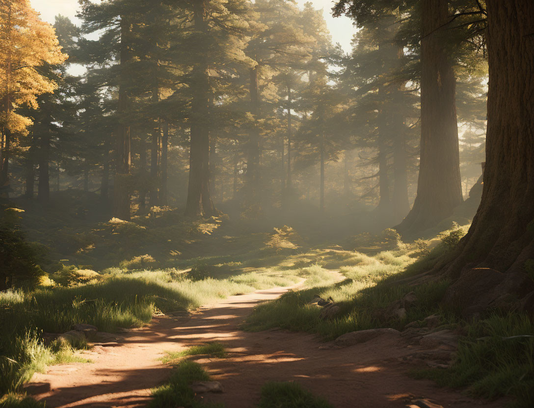 Serene forest scene with sunlight filtering through tall trees