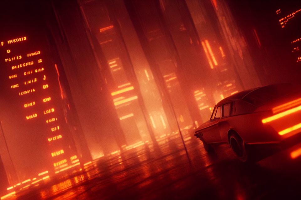 Vintage car in futuristic tunnel with red light and data streams
