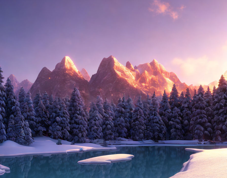 Winter Sunset Scene: Snowy Landscape, Frozen Lake, Pine Trees & Glowing Peaks