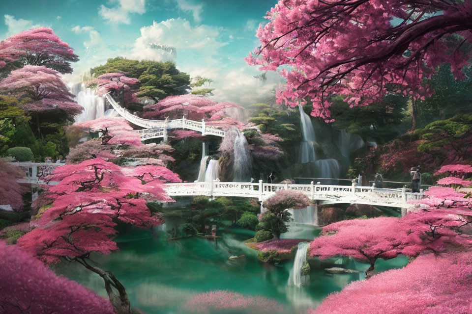 Tranquil landscape with pink cherry blossoms, waterfalls, pond, and ornamental bridge