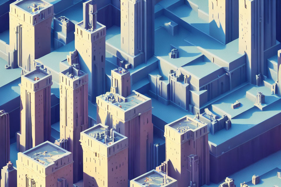 Stylized isometric futuristic city with tall buildings in cool blue tones