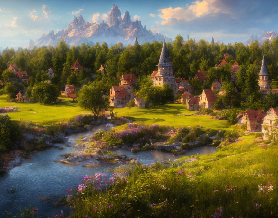 Charming fantasy village with church, river, mountains