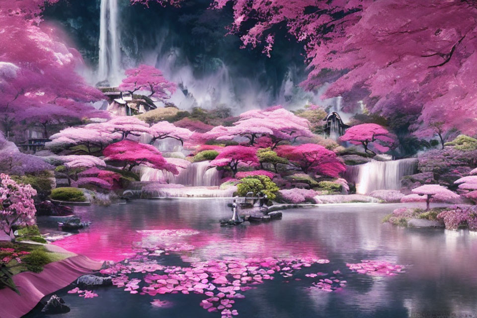 Tranquil landscape with waterfall, cherry blossoms, pond, and pagoda