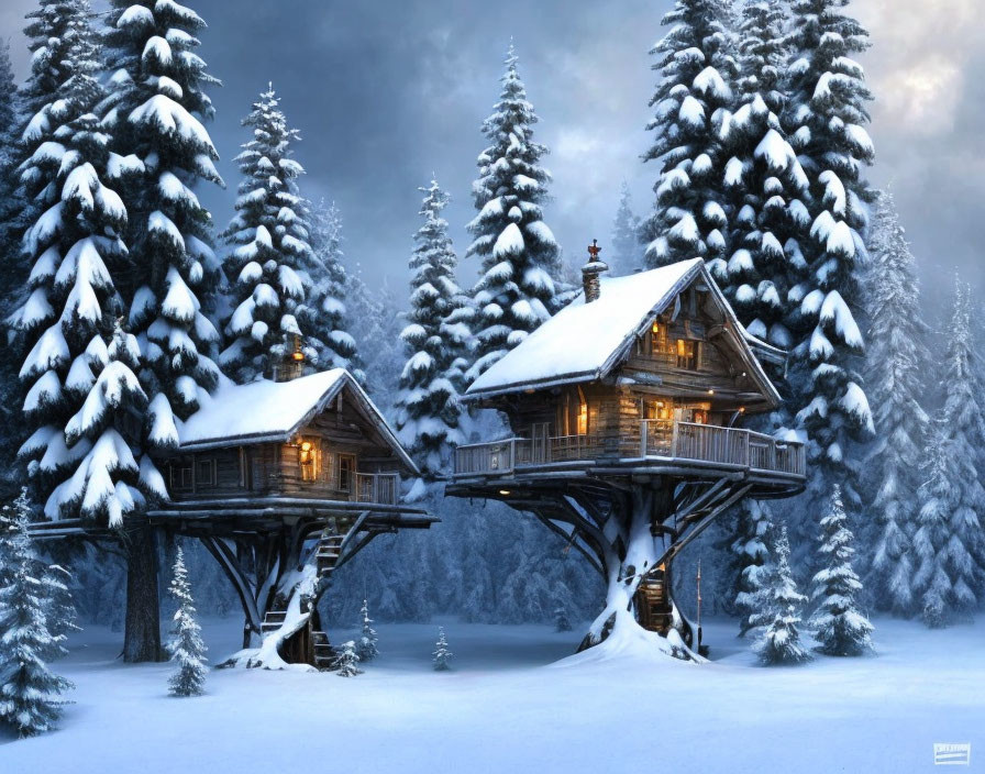 Snow-covered two-story wooden treehouse in serene winter scene