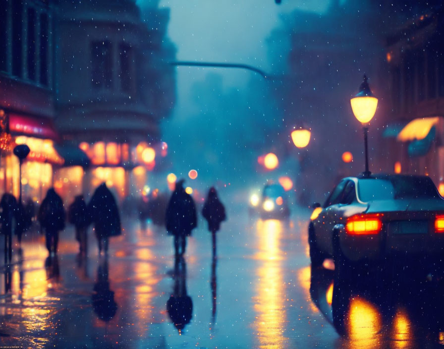 City street at dusk with pedestrians and cars, illuminated by street lamps and building lights in a rainy,
