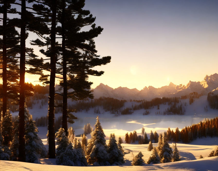 Snow-covered winter landscape at sunrise: serene scene with golden light casting long shadows.
