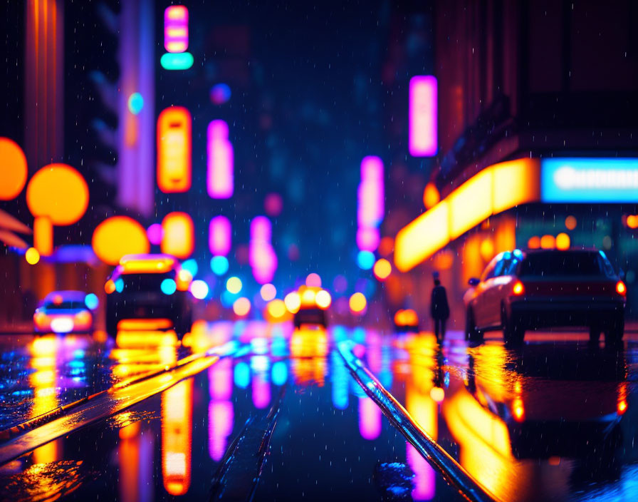 Vibrant city lights reflect on wet asphalt in neon-lit street.