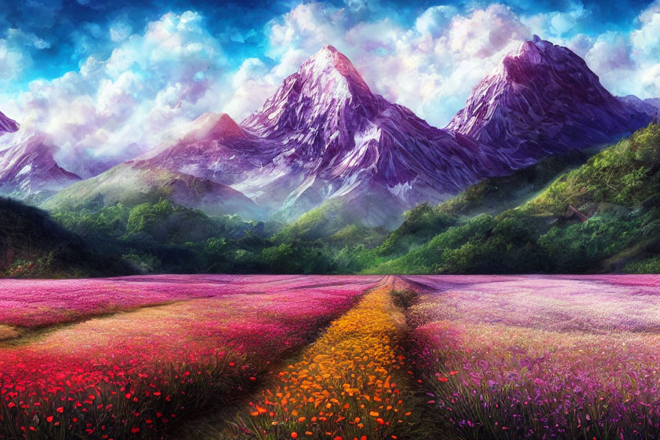 Colorful Flower Field Leading to Snow-Capped Mountains