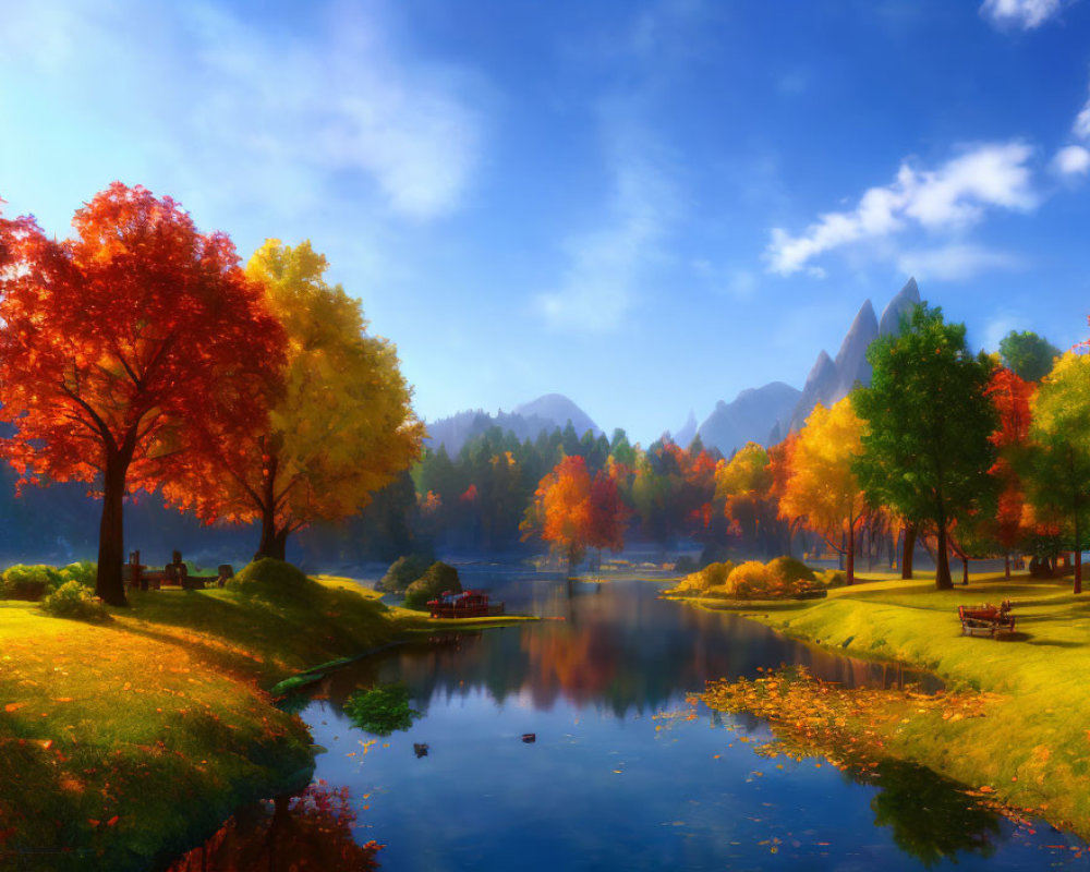 Tranquil autumn park scene with vibrant trees, lake reflection, and distant mountains