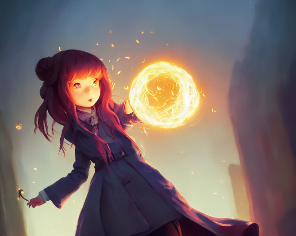 Reddish-Brown Haired Animated Girl Creates Fiery Magic Circle