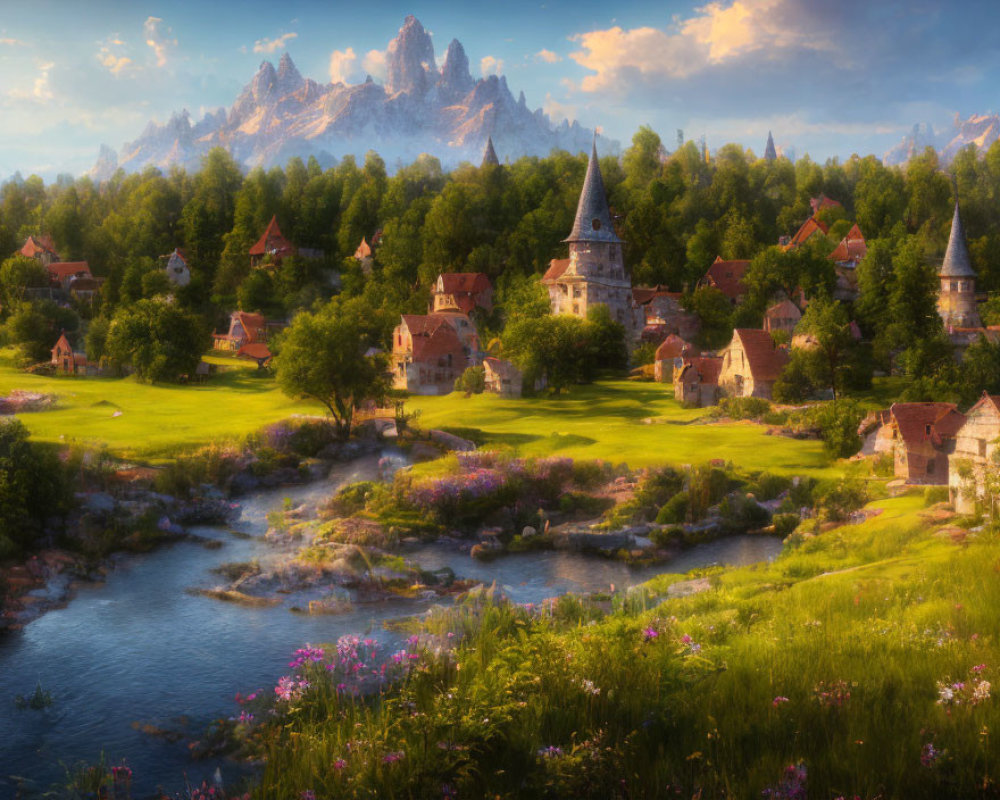 Charming fantasy village with church, river, mountains