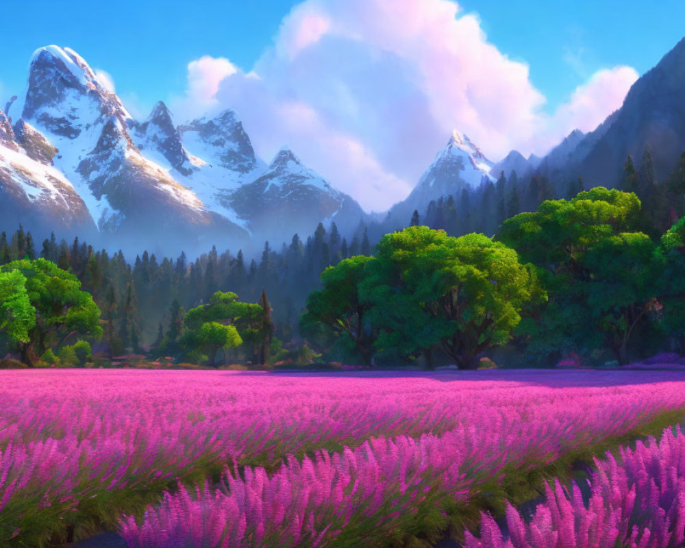 Scenic landscape with pink flowers, green trees, and snow-capped mountains