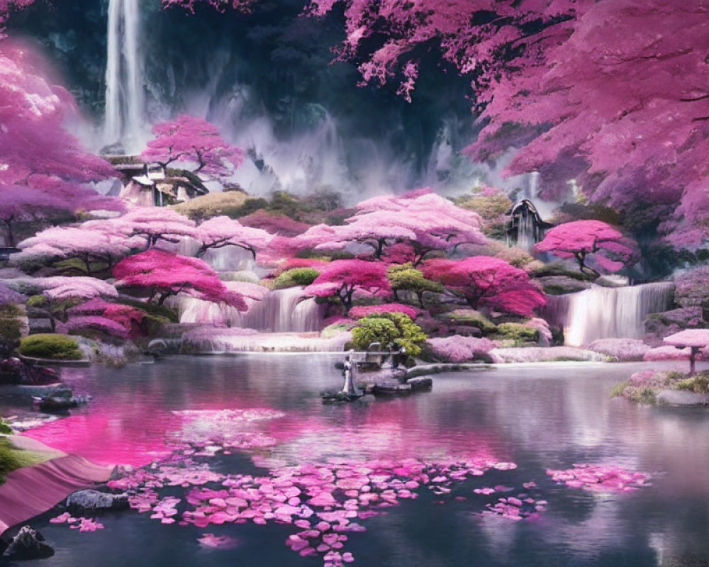 Tranquil landscape with waterfall, cherry blossoms, pond, and pagoda