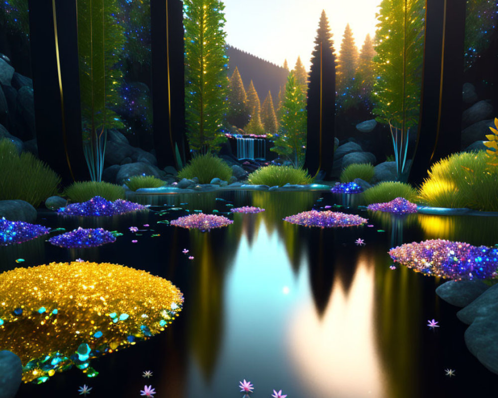 Enchanting twilight forest scene with pond, flowers, trees, and waterfall