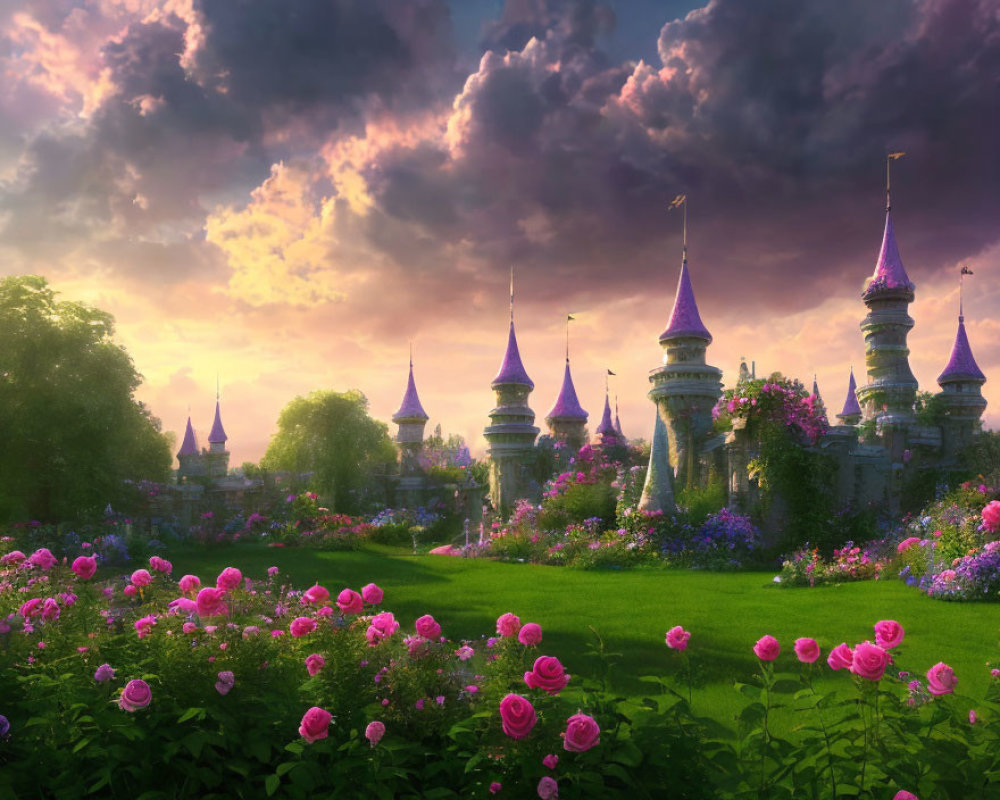 Fantasy castle with pink roses in lush gardens at sunset
