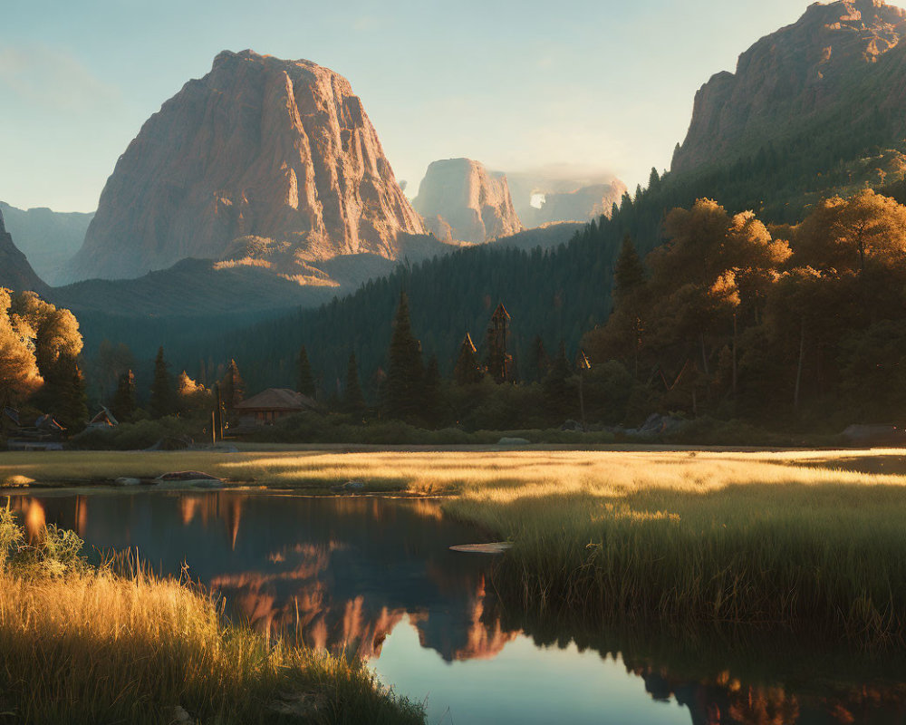 Tranquil sunrise landscape with lake, lush trees, grass, and towering cliffs
