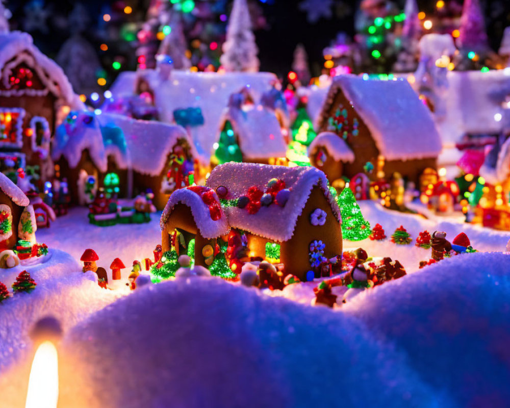 Colorful Gingerbread Village Covered in Snow and Warm Lights