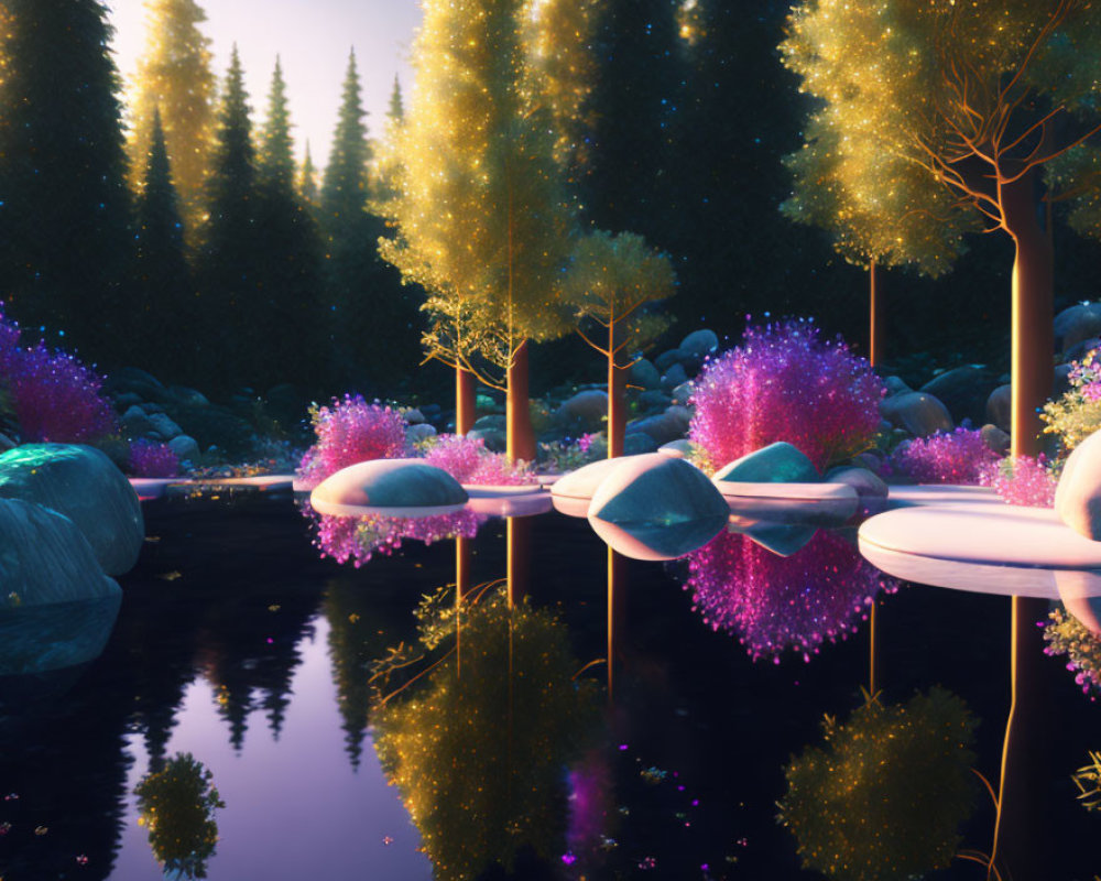 Tranquil Fantasy Forest with Purple Foliage and Serene River