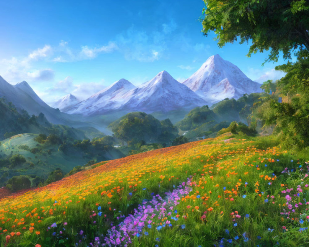 Snow-capped mountains and wildflowers in serene landscape