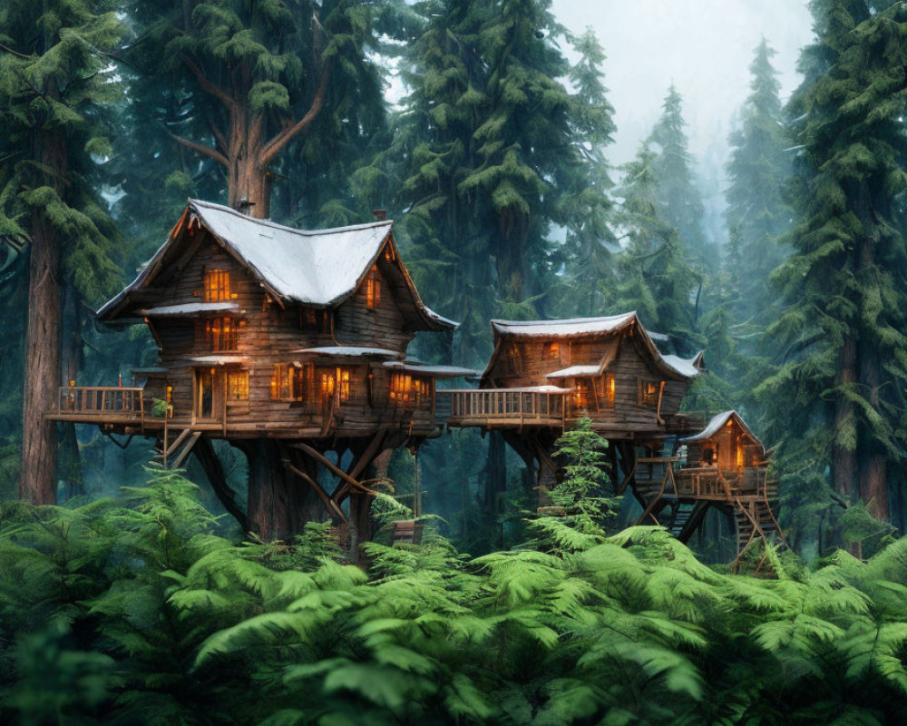 Cozy treehouse in misty conifer forest
