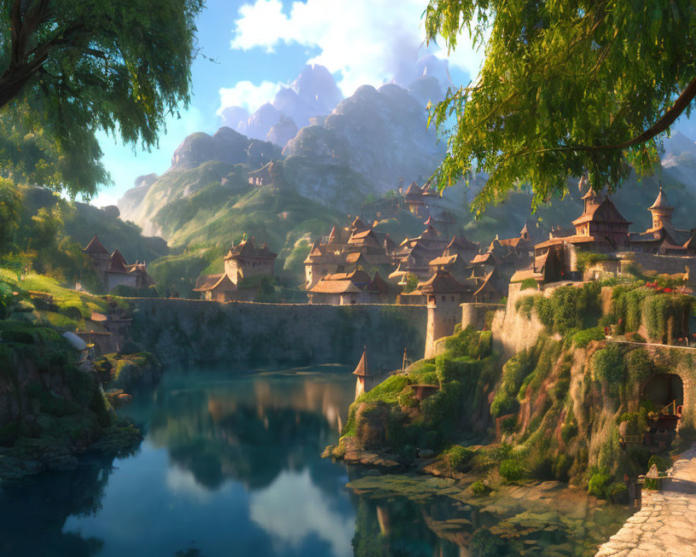 Tranquil fantasy landscape with idyllic village, river, and lush greenery