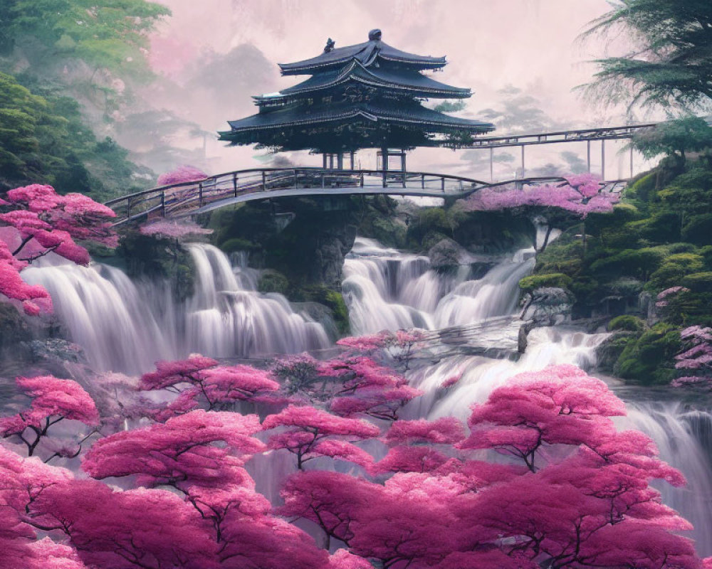 Scenic landscape with waterfalls, pagoda, bridges, and cherry blossoms