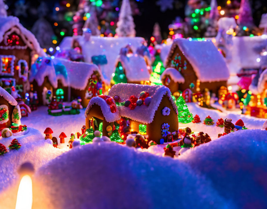 Colorful Gingerbread Village Covered in Snow and Warm Lights