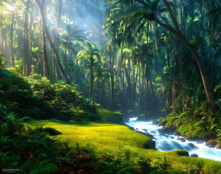 Serene Stream in Lush Green Forest with Palm Trees