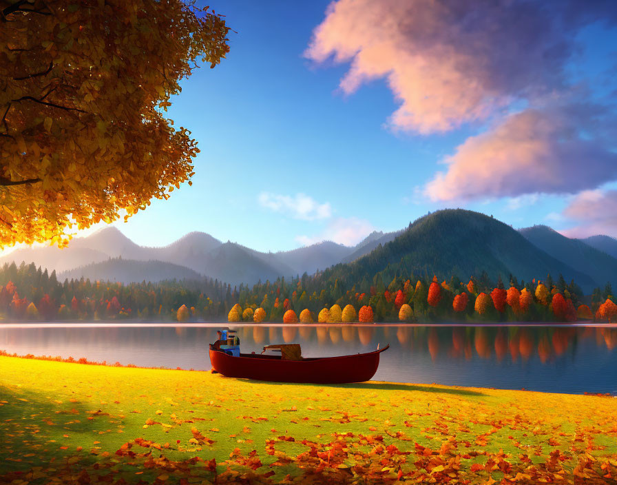 Autumn lake shore with red canoe, fall foliage, and mountains - serene scene