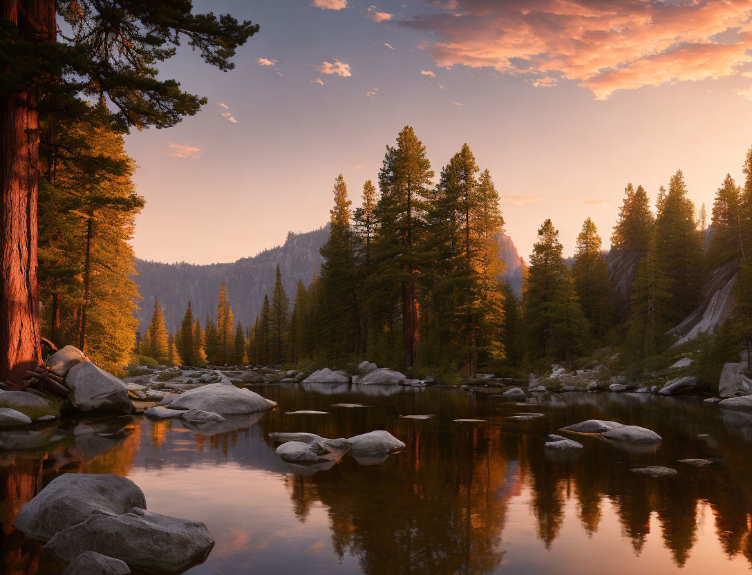 Tranquil river sunset with pine trees and rocks