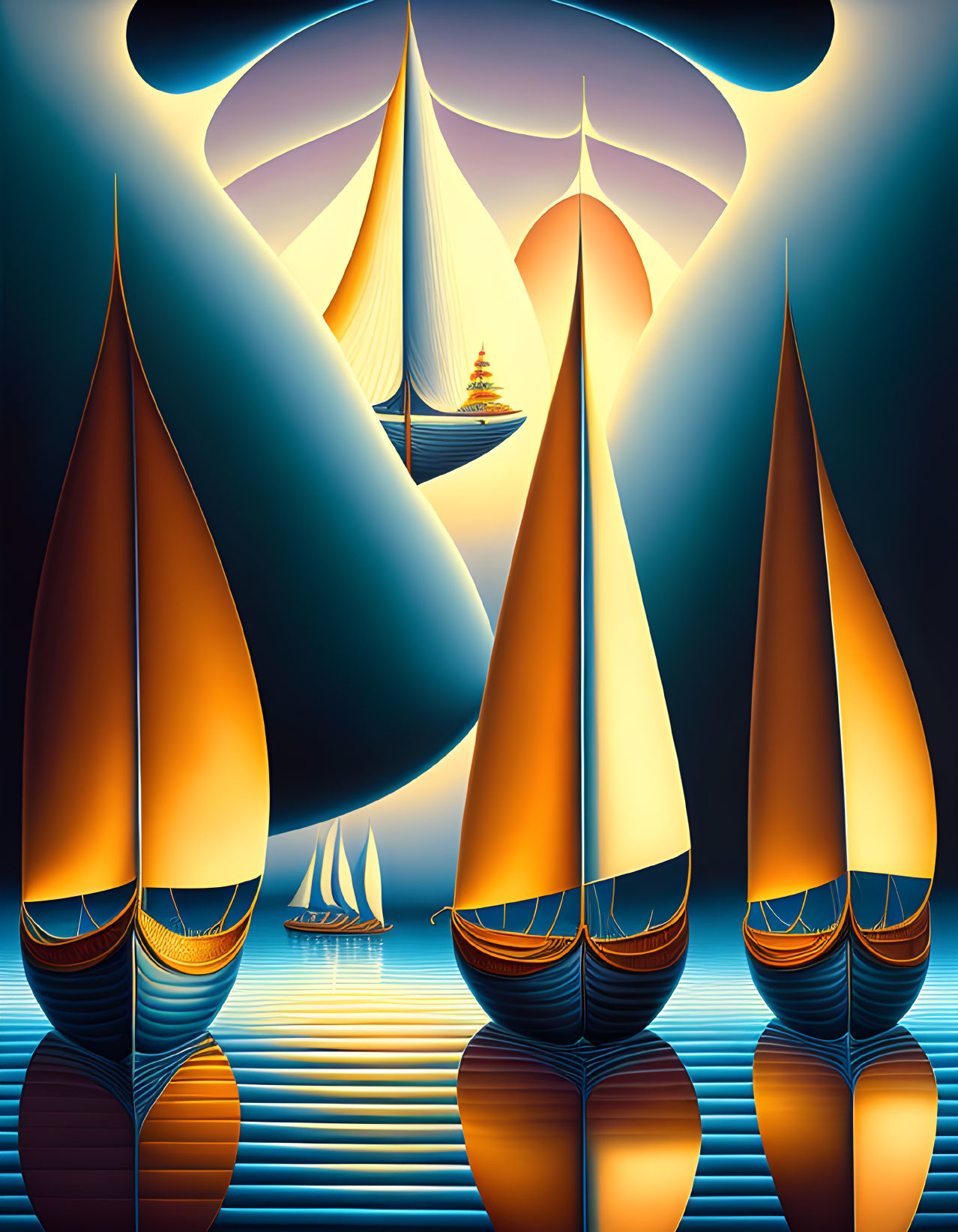 Golden sailboats in surreal digital art on stylized blue ocean