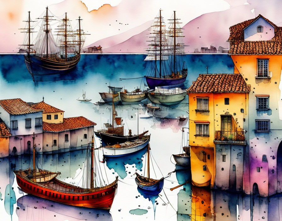 Vibrant coastal watercolor painting with vintage sailing ships and mountains